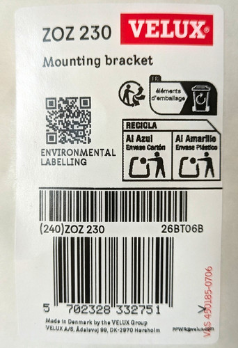Velux zoz 230 - mounting, bracket